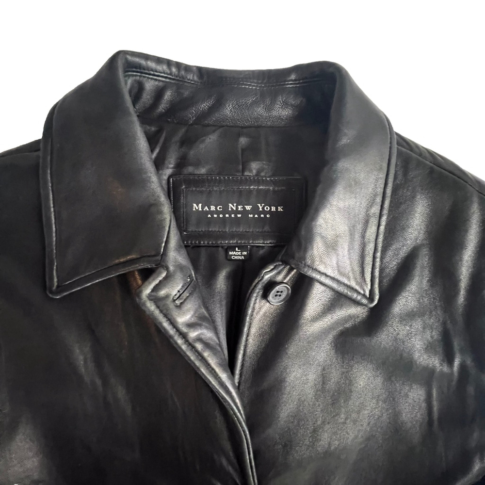 Marc New York Women L Black Genuine Leather Jacket Coat | Pockets, Lined 90s Lux - Picture 6 of 15